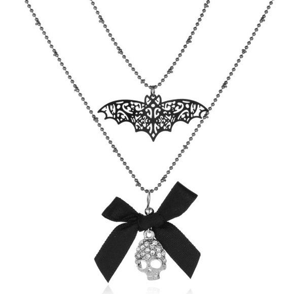 Gothic Filigree Bat, Bow & Skull Double Necklace - Picture 2 of 6